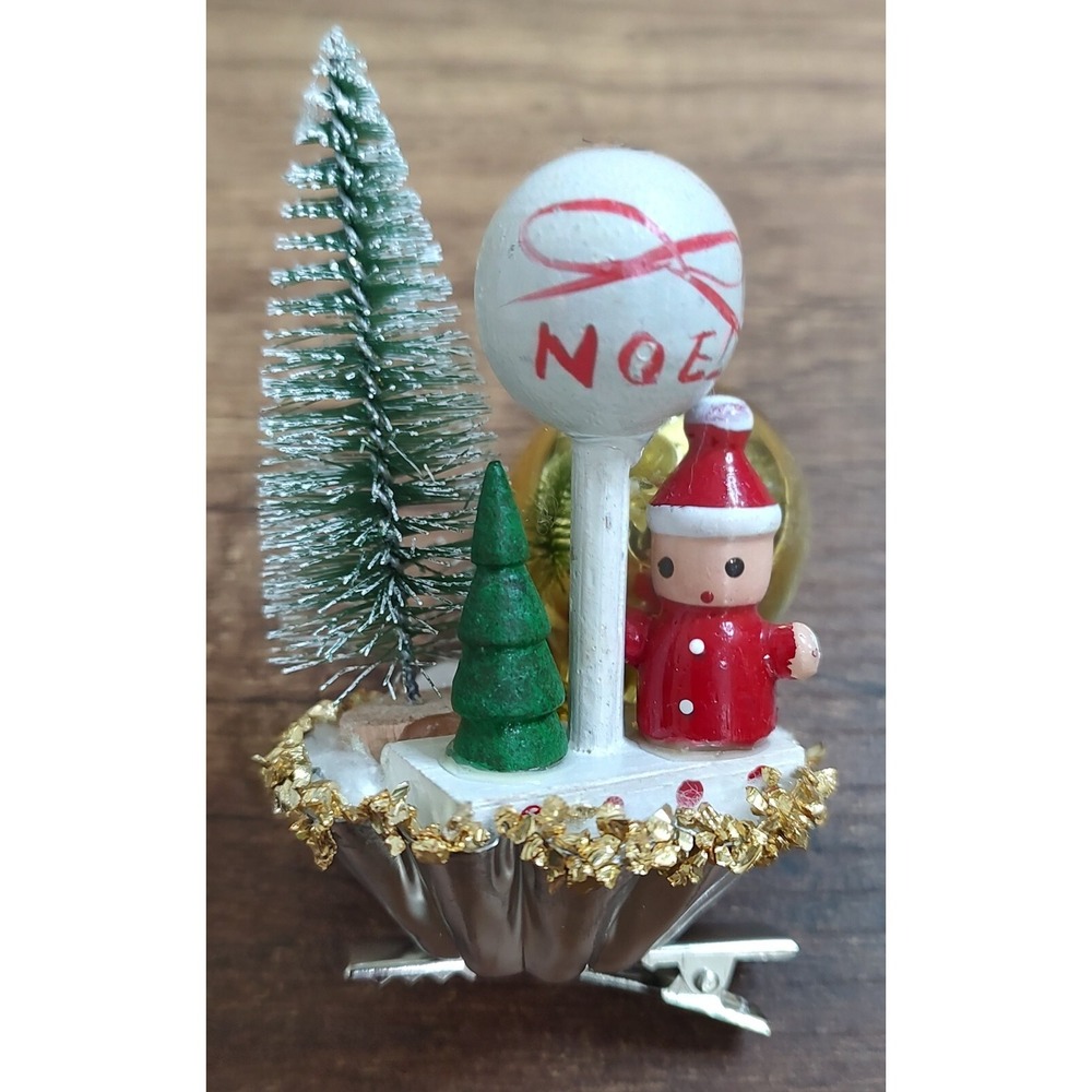 Vtg Santa Christmas Ornament Handmade Tart Tin Clip On Gold Glass Ball Tree O6